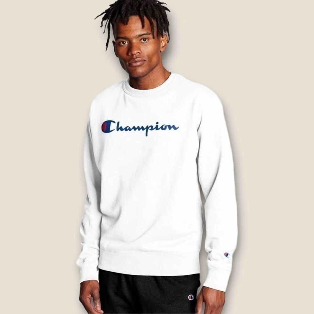 Champion Powerblend Fleece Crew Script Logo Sweatshirt White M